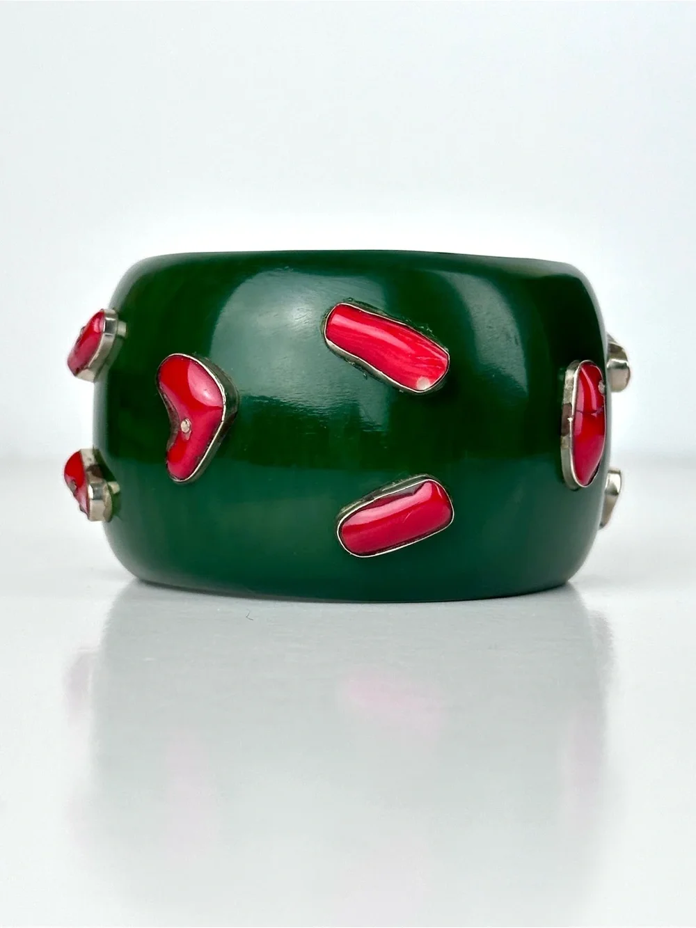 Massive Green Resin & Red Coral Sterling Silver Statement Cuff Bracelet - Picture 3 of 12